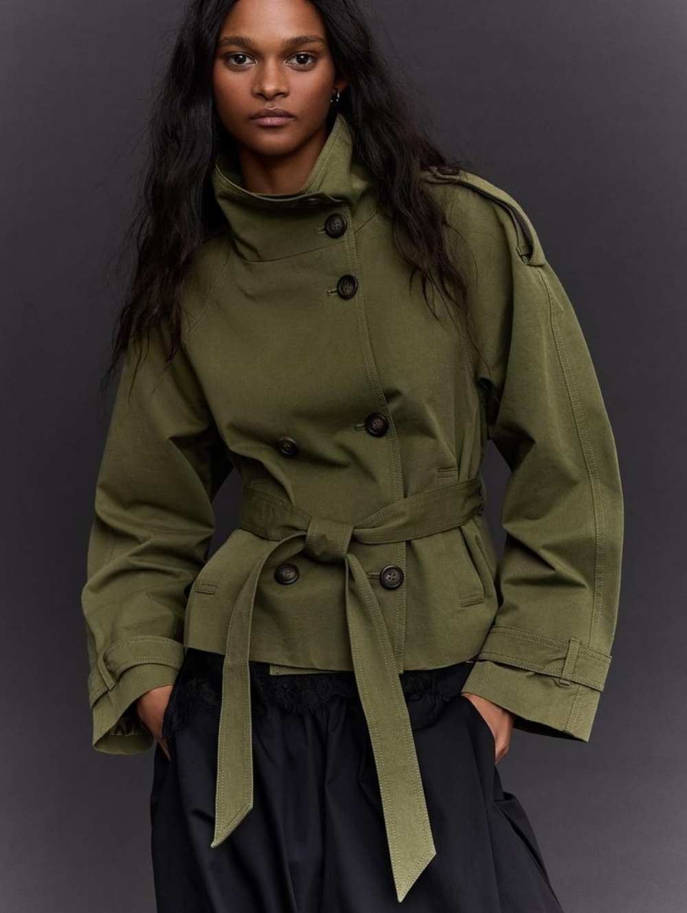 Bershka Funnel Neck Trench Jacket In Khaki Size MEDIUM